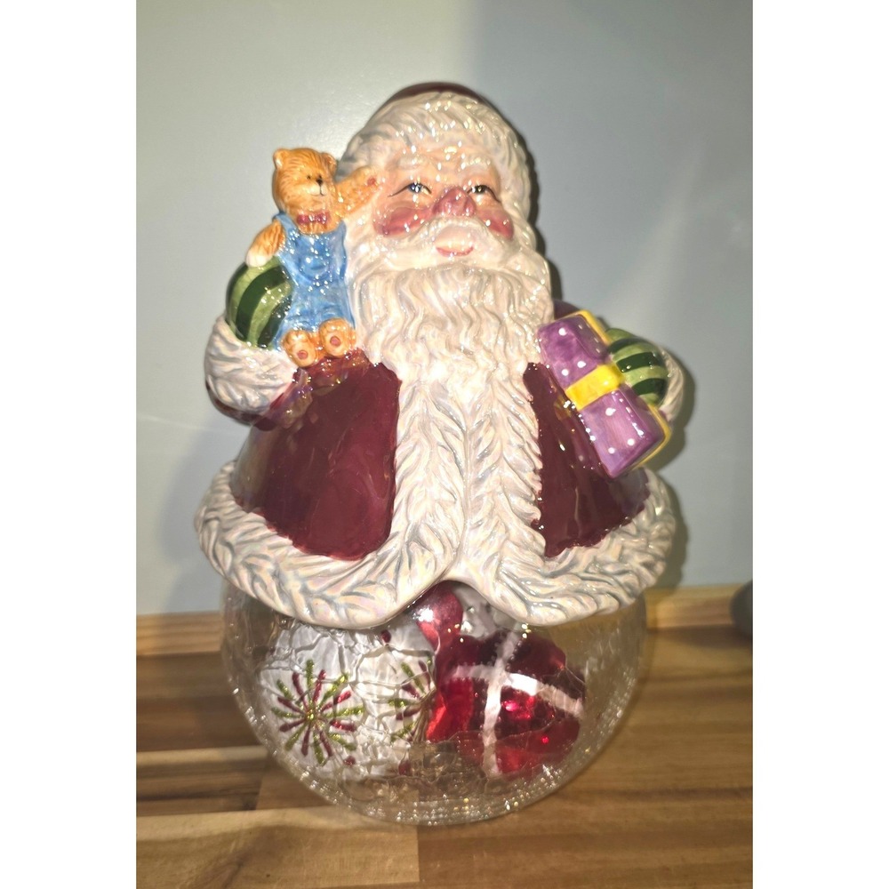 Vtg Santa Claus Ceramic Top Crackle Glass Base Christmas Cookie Jar Holiday